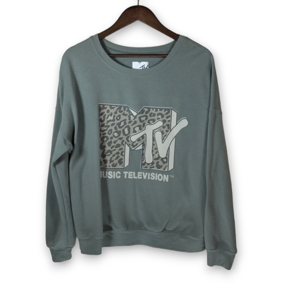 MTV Sage Green Leopard Print Logo Sweatshirt